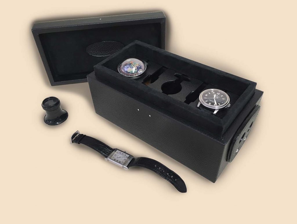 Black watches leather box 3 time pieces open