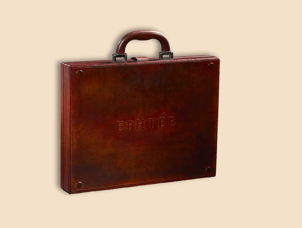 Briefcase brown leather old closer back side closed ephtee embossed