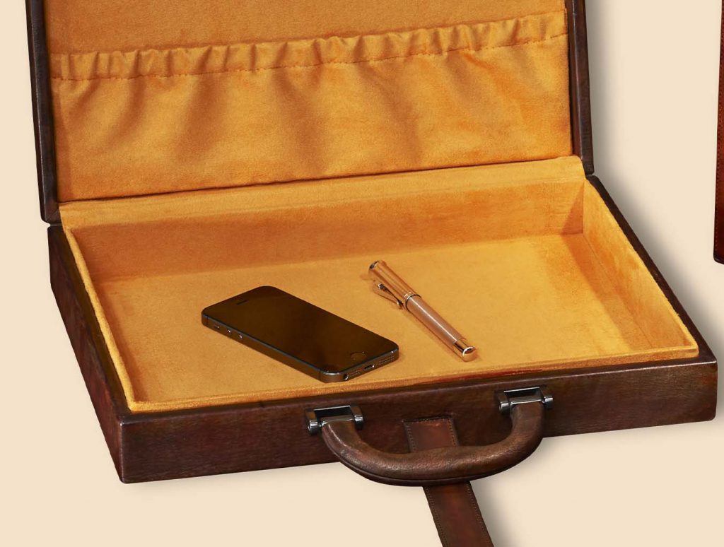 Briefcase brown leather old closer yellow microfiber interior accessories