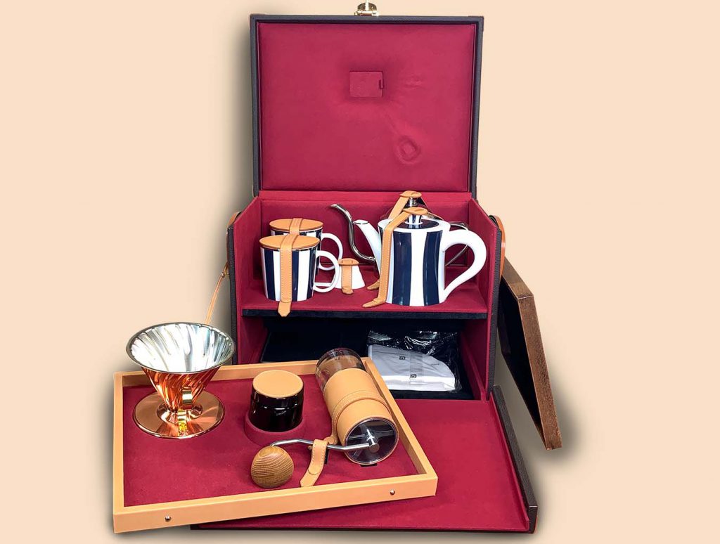 Coffee trunk red microfiber interior opened deployed tray with all coffee service