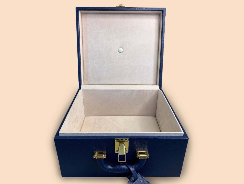 Hat casket box tricorn blue leather beige interior opened
