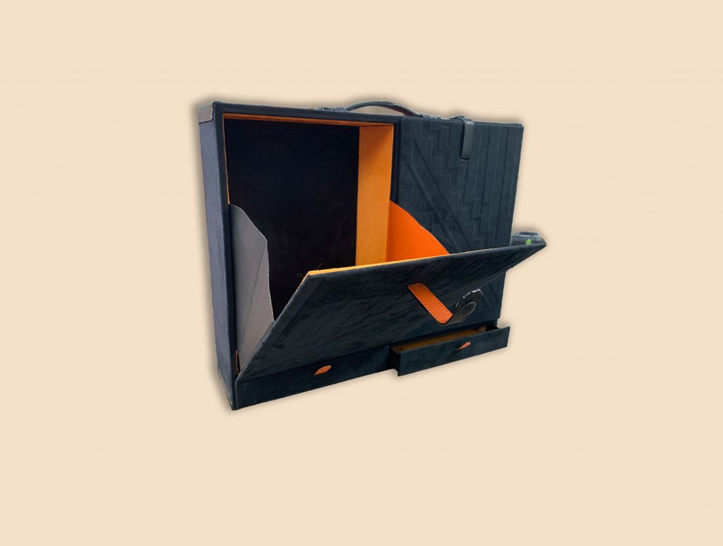 Microfiber document holder from travel office trunk drawers opened