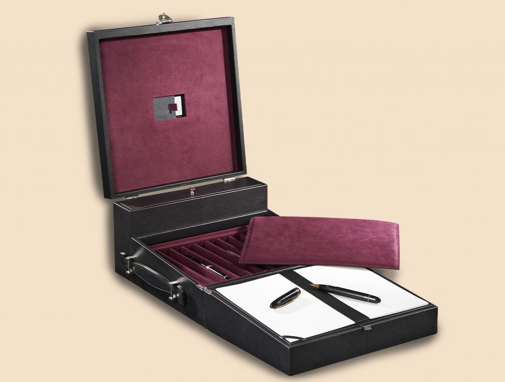 Pens writing instrument casket box red wine interior opened