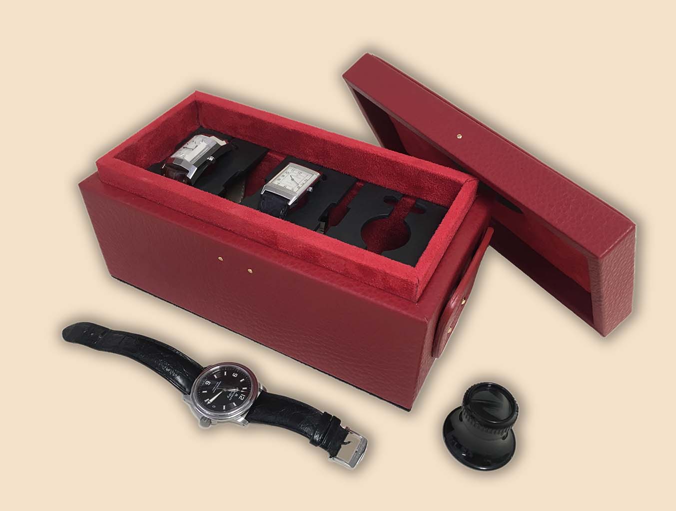 Red watches leather box 3 black time pieces open