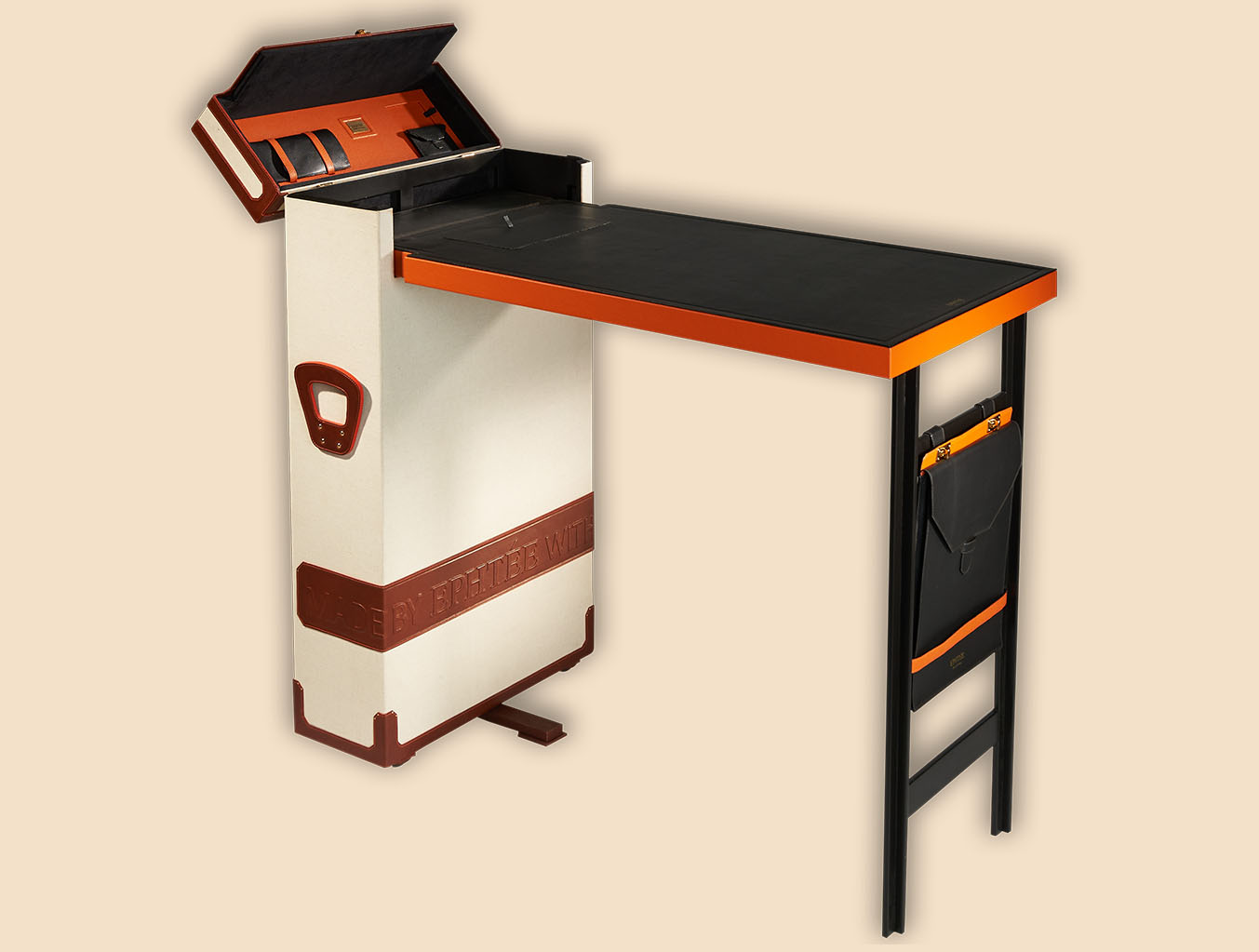 Travel office trunk opened deployed table leather canvas bag