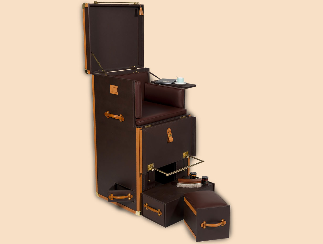 Leather brown Trunk waxing shining armchair opened rigth front