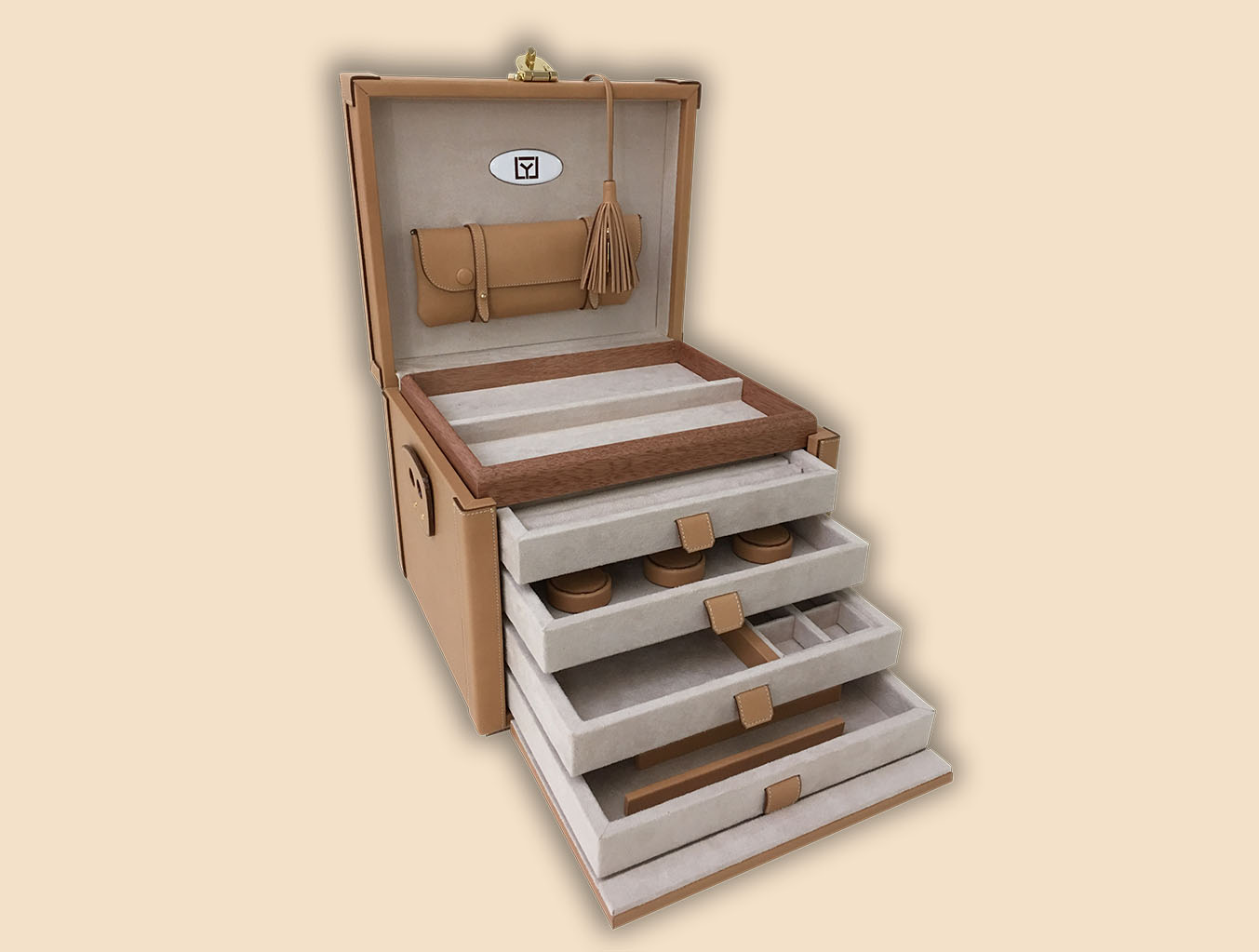 Vanity lily brown leather 3 drawers full opened