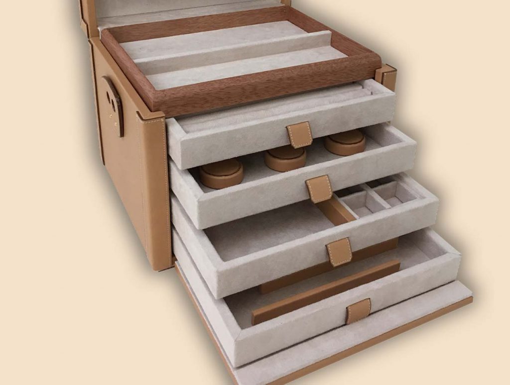 Vanity lily brown leather 3 jewelry drawers opened
