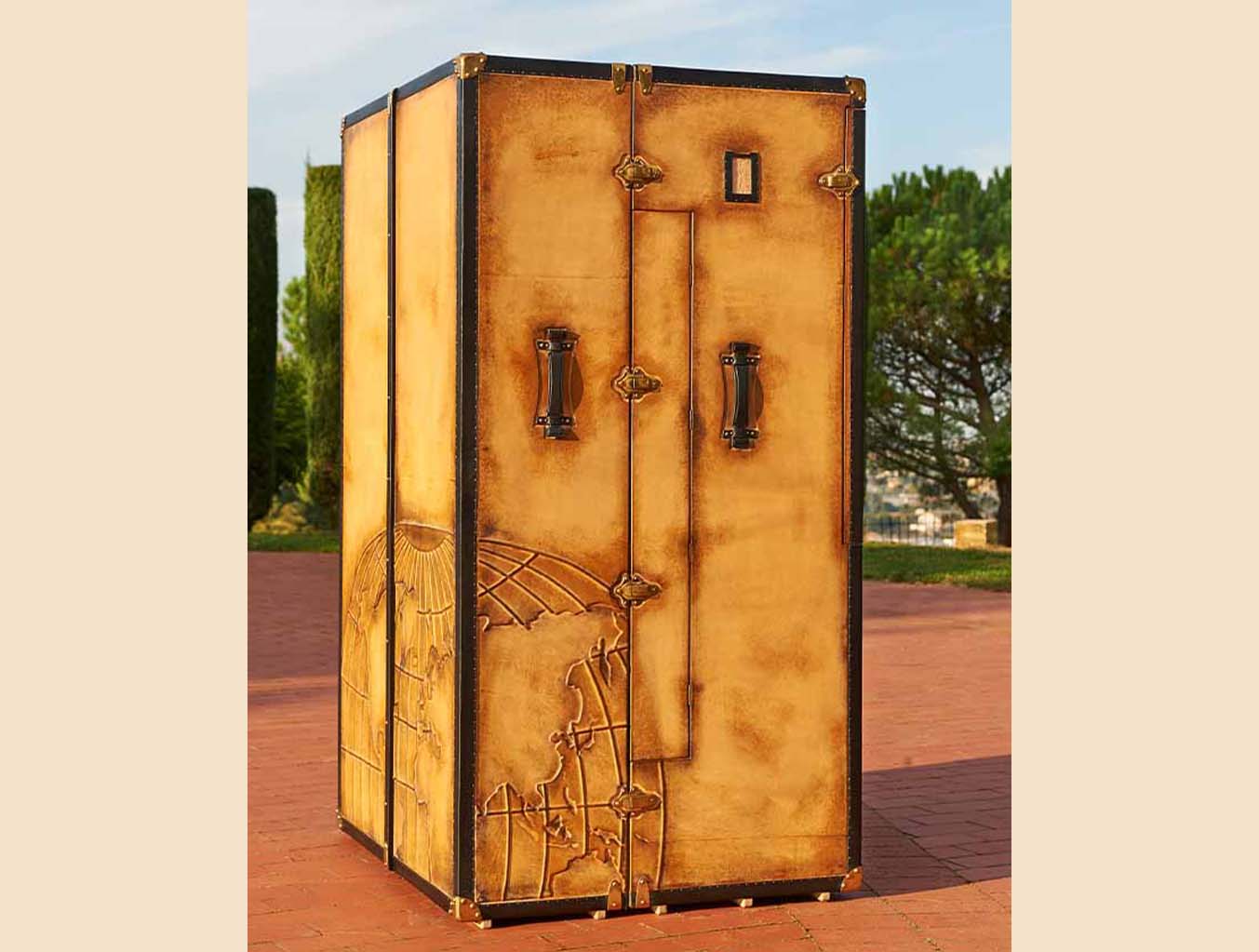 Studio flat bespoke trunk with bed wardrobe brown gold leather handcrafted front face closed form