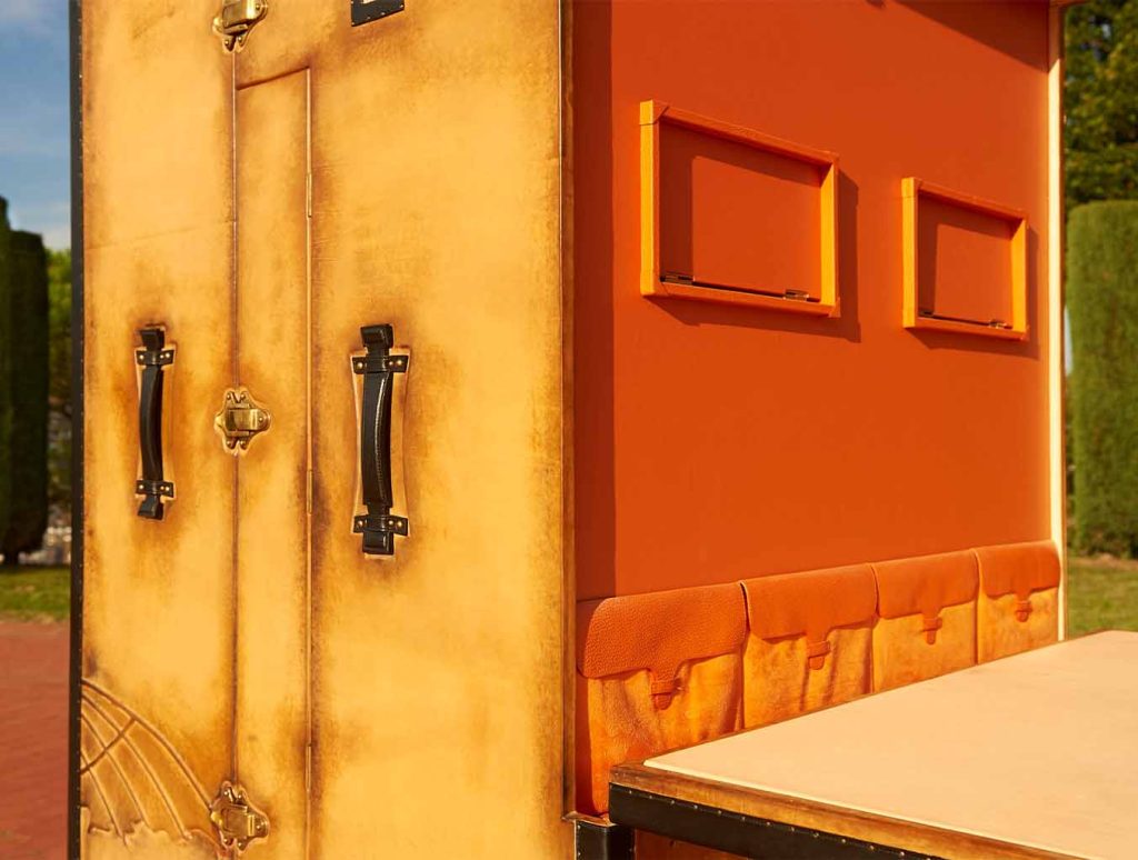 Studio flat bespoke trunk with bed wardrobe brown gold leather handcrafted office part opened